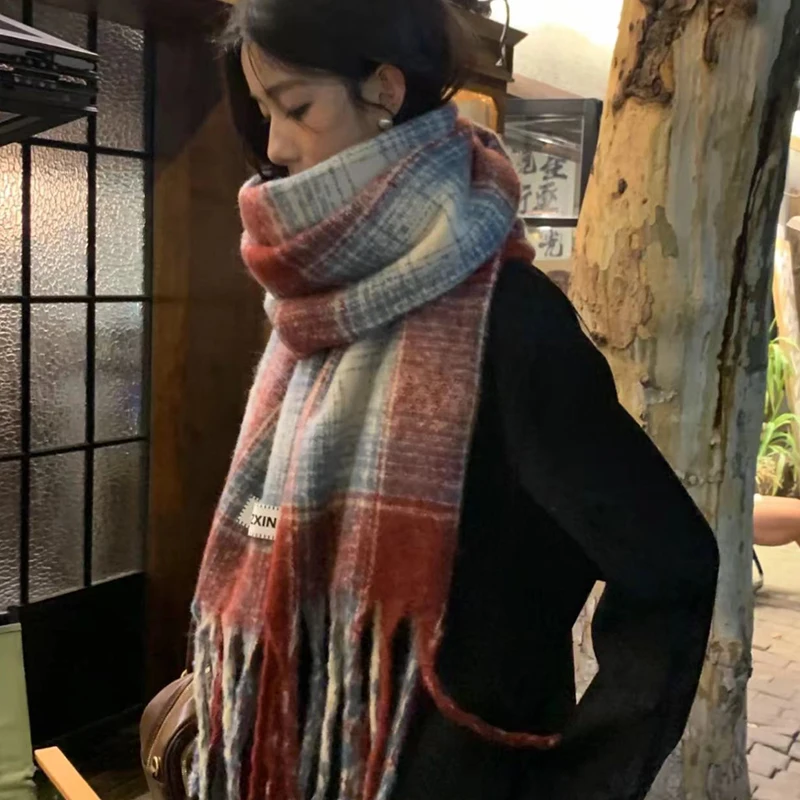 〔Funny〕Autumn And Winter New Korean Plaid Scarf Women's Thick Atmosphere Warm Student Shawl Neck Scarf