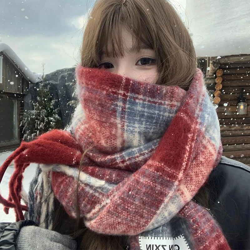 〔Funny〕Autumn And Winter New Korean Plaid Scarf Women's Thick Atmosphere Warm Student Shawl Neck Scarf