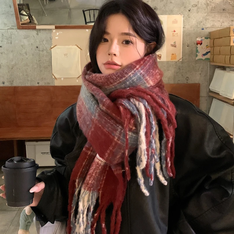 〔Funny〕Autumn And Winter New Korean Plaid Scarf Women's Thick Atmosphere Warm Student Shawl Neck Scarf