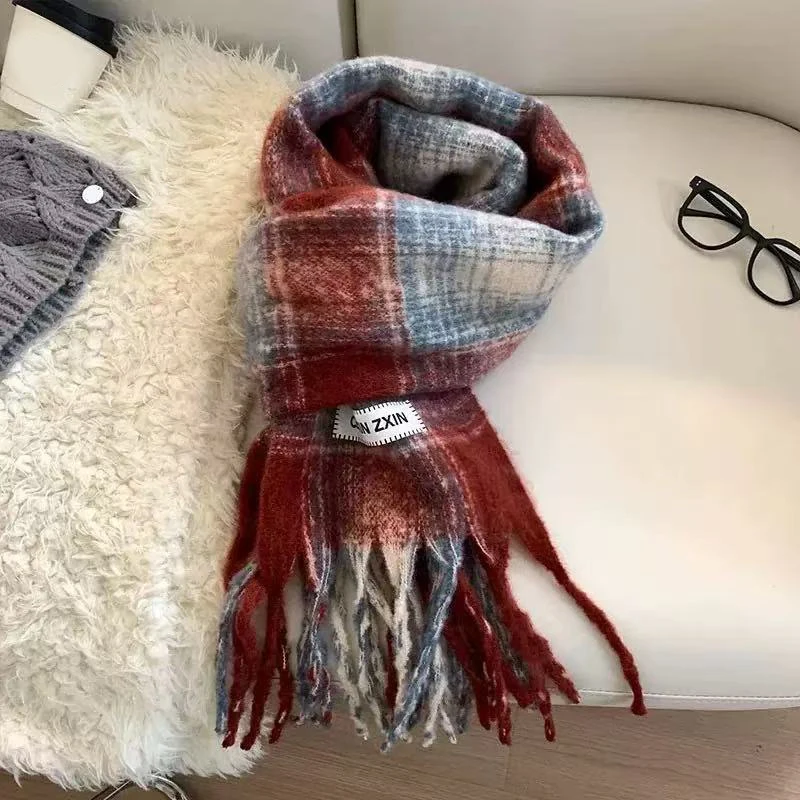 〔Funny〕Autumn And Winter New Korean Plaid Scarf Women's Thick Atmosphere Warm Student Shawl Neck Scarf