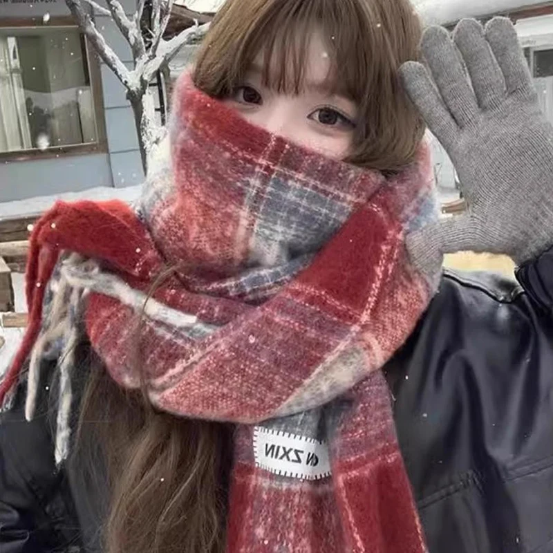 〔Funny〕Autumn And Winter New Korean Plaid Scarf Women's Thick Atmosphere Warm Student Shawl Neck Scarf