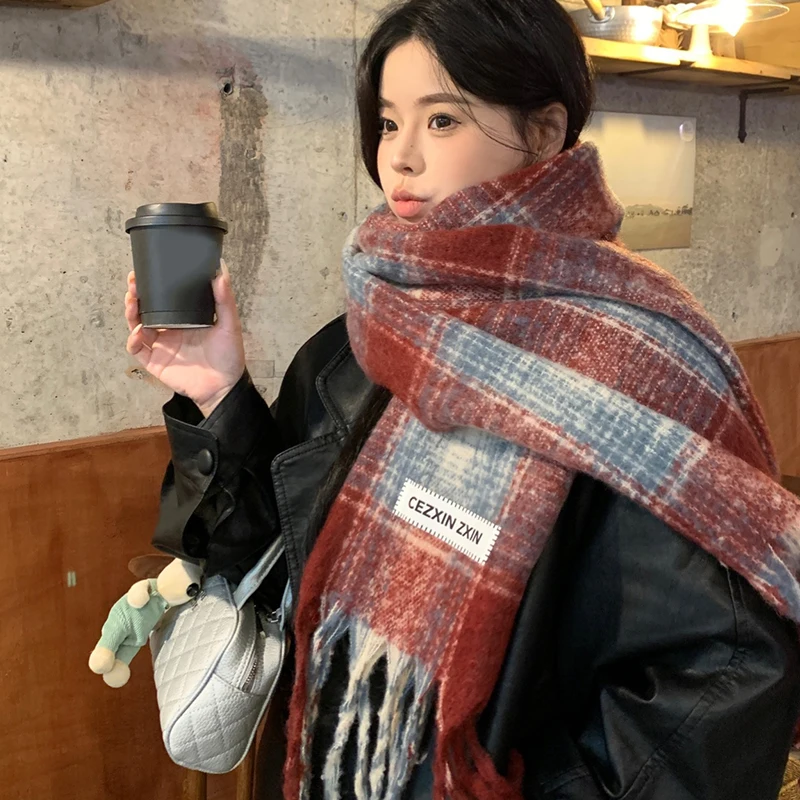 〔Funny〕Autumn And Winter New Korean Plaid Scarf Women's Thick Atmosphere Warm Student Shawl Neck Scarf