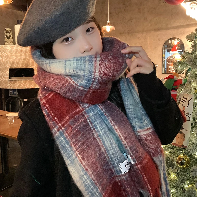 〔Funny〕Autumn And Winter New Korean Plaid Scarf Women's Thick Atmosphere Warm Student Shawl Neck Scarf