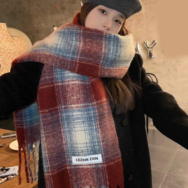 〔Funny〕Autumn And Winter New Korean Plaid Scarf Women's Thick Atmosphere Warm Student Shawl Neck Scarf