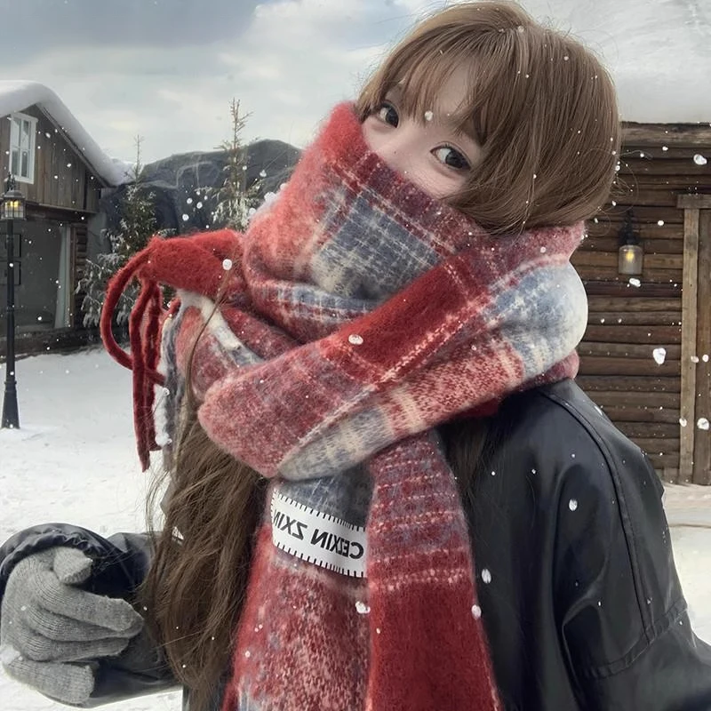 〔Funny〕Autumn And Winter New Korean Plaid Scarf Women's Thick Atmosphere Warm Student Shawl Neck Scarf