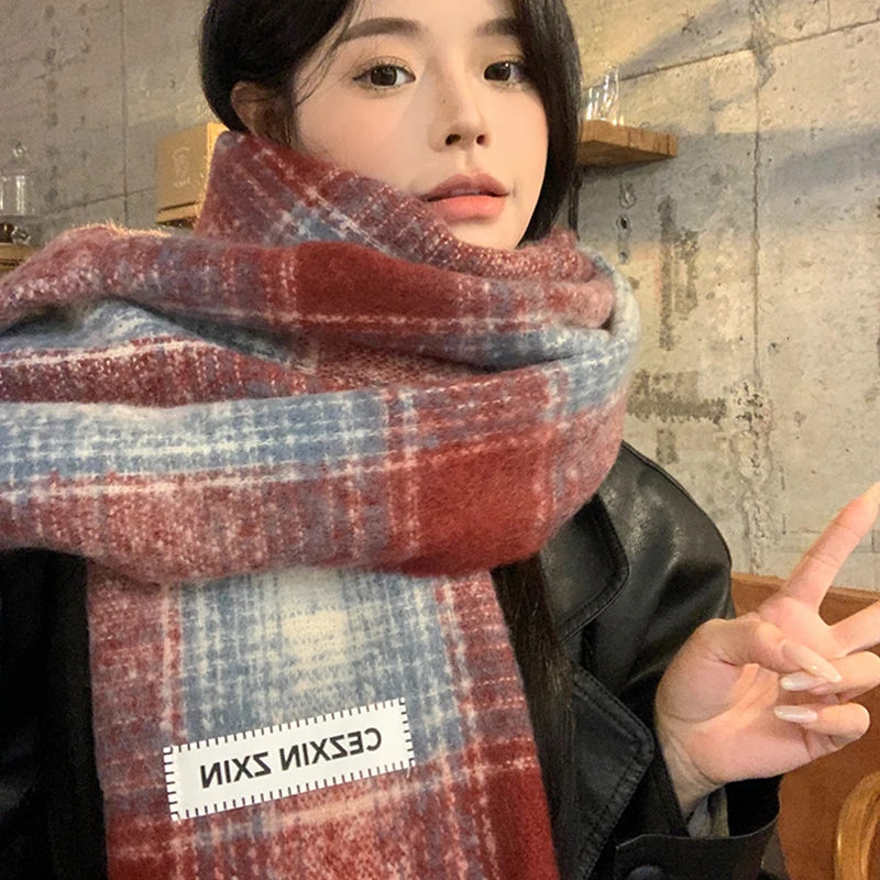〔Funny〕Autumn And Winter New Korean Plaid Scarf Women's Thick Atmosphere Warm Student Shawl Neck Scarf