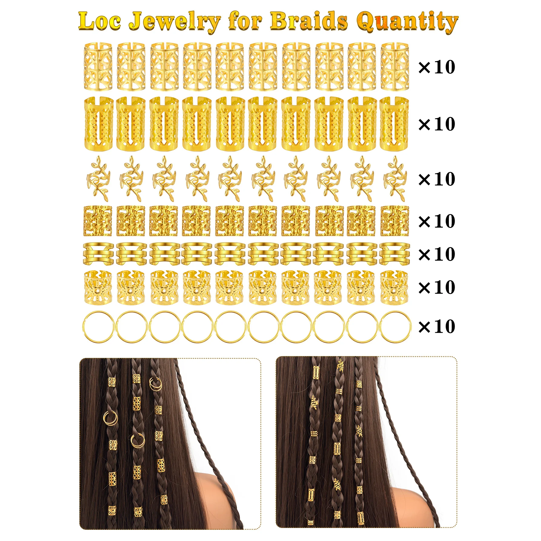 70Pcs Hair Beads Hair Cuffs Braiding Hair Rings Alloy Hair Charms For Loc Braids Hair Adjustable Metal Braid Hair Jewelry