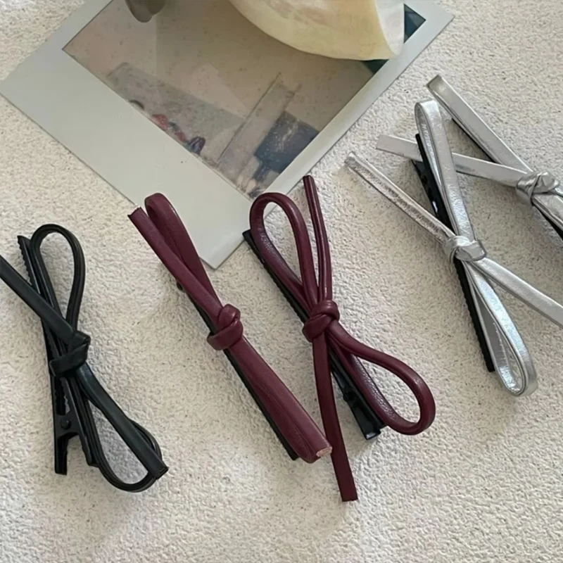 2pcs Korean Style PU Leather Bow Hair Clip Simple Versatile Delicate Y2k Girls Bobby Pin Sweet Charming Hair Accessories