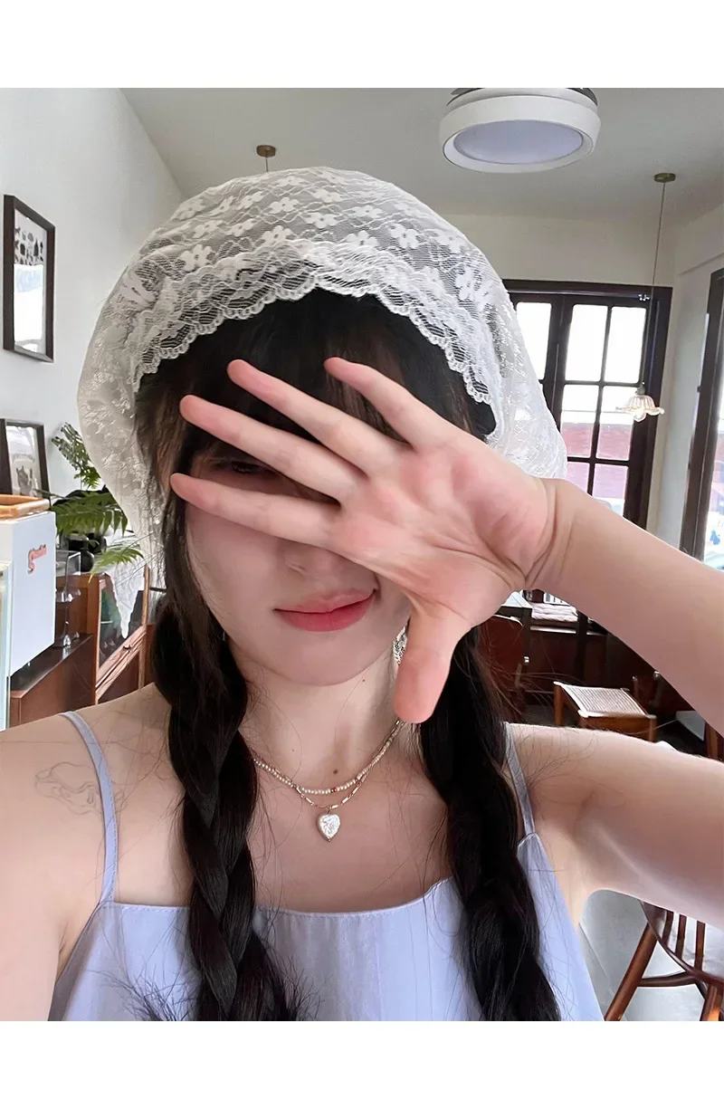 Women French Country Style Lace Mesh Triangle Scarf Spring Summer Floral Hair Scarf Elegant Headwrap Bohemian Hair Accessories