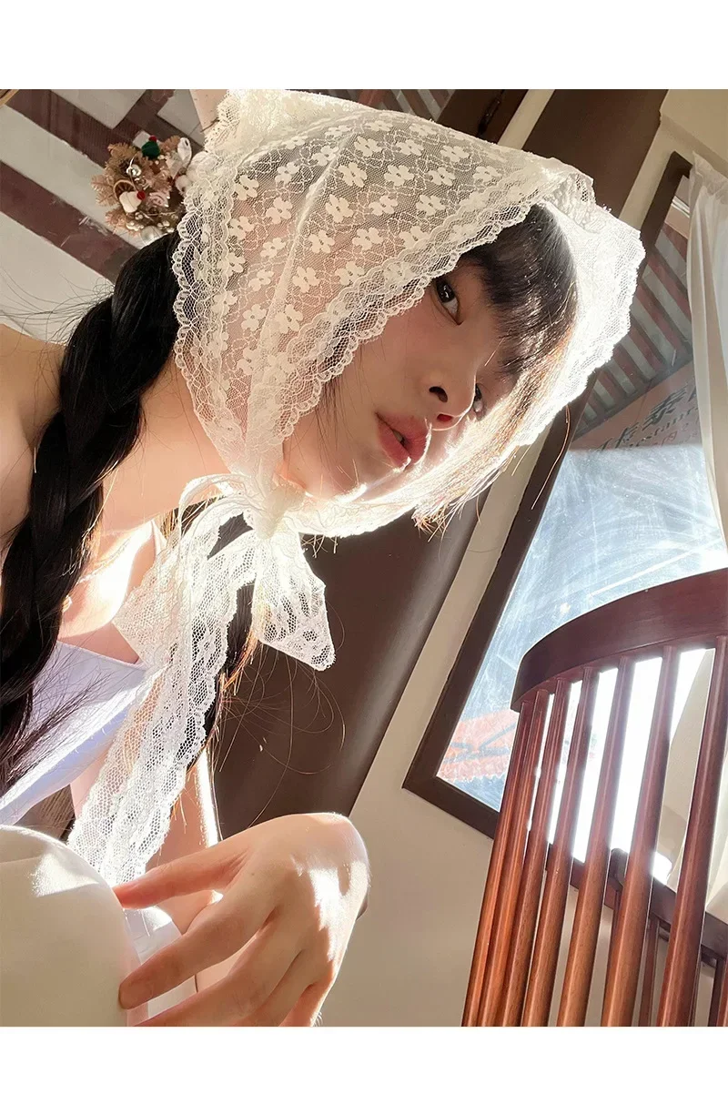 Women French Country Style Lace Mesh Triangle Scarf Spring Summer Floral Hair Scarf Elegant Headwrap Bohemian Hair Accessories