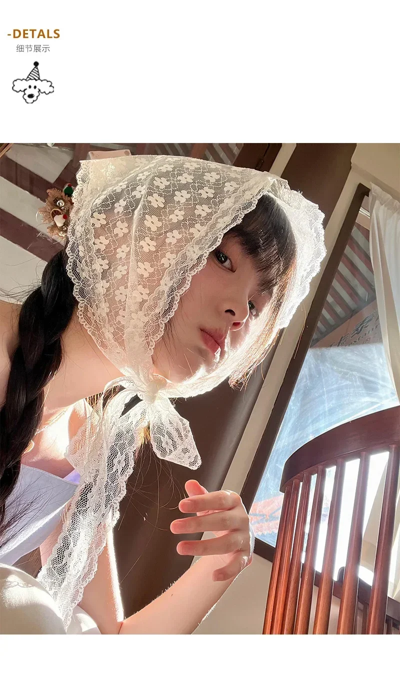 Women French Country Style Lace Mesh Triangle Scarf Spring Summer Floral Hair Scarf Elegant Headwrap Bohemian Hair Accessories