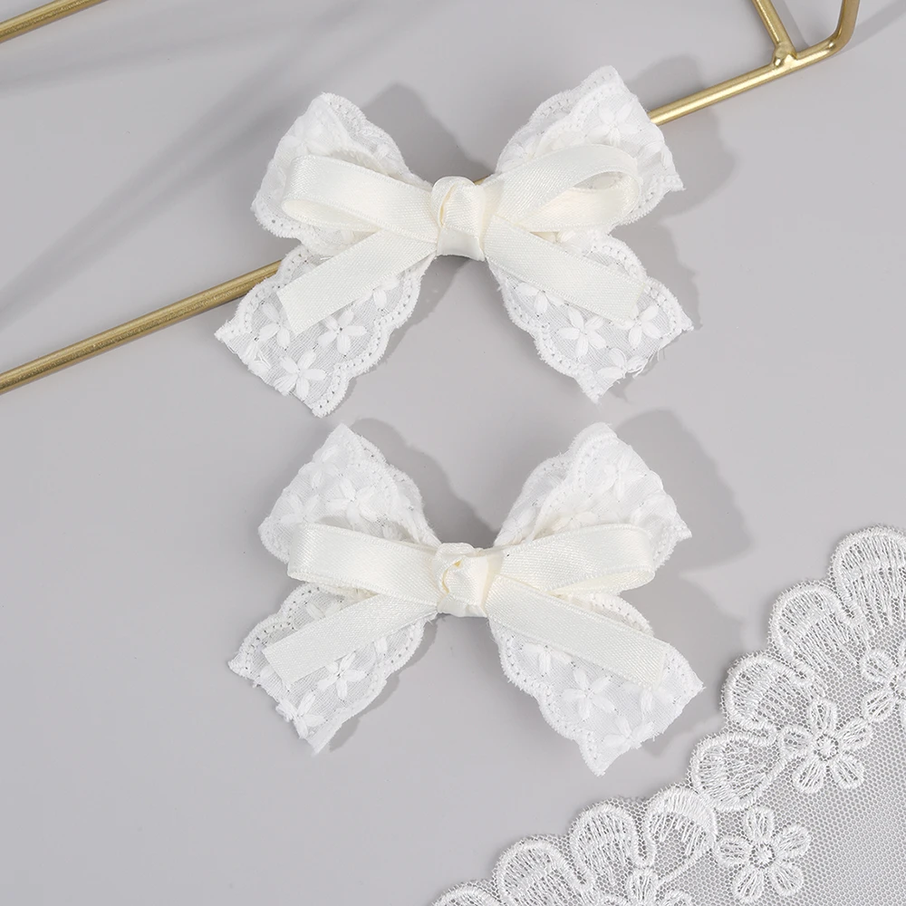2Pcs/Set Girls Cute Solid Flower Hair Clips White Floral Embroidery Bow Barrette For Children Baby Sweet Headwear Accessories