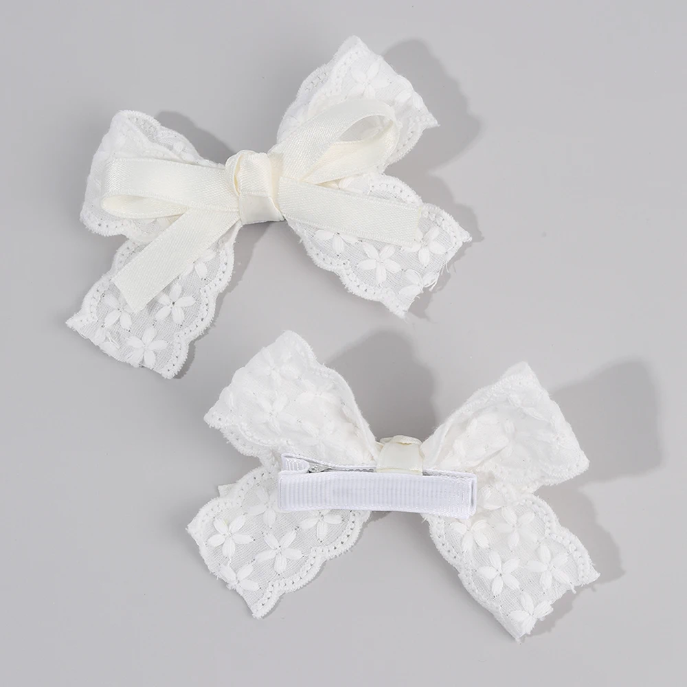 2Pcs/Set Girls Cute Solid Flower Hair Clips White Floral Embroidery Bow Barrette For Children Baby Sweet Headwear Accessories