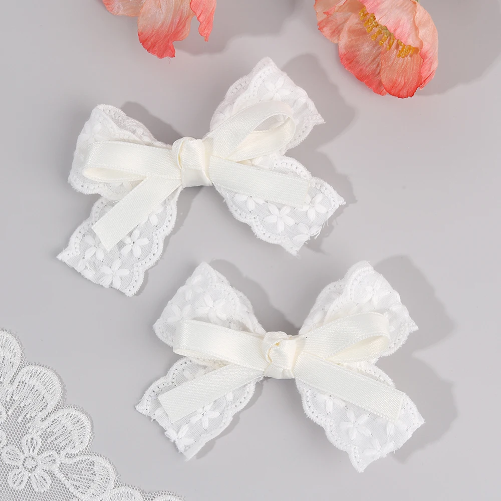 2Pcs/Set Girls Cute Solid Flower Hair Clips White Floral Embroidery Bow Barrette For Children Baby Sweet Headwear Accessories