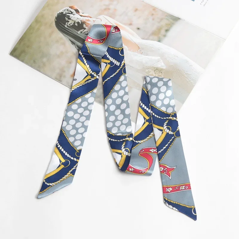 Women Print Flower Small Scarf Handle Bag Ribbons Fashion Head Scarf Small Long Skinny Scarves Headbands Tie Accessories