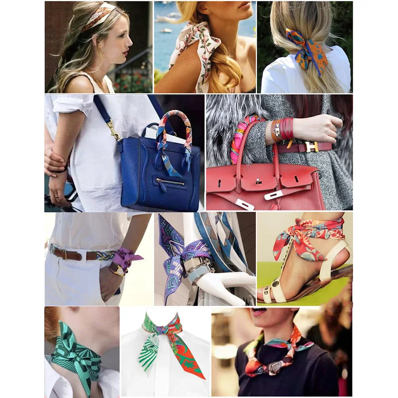 Women Print Flower Small Scarf Handle Bag Ribbons Fashion Head Scarf Small Long Skinny Scarves Headbands Tie Accessories