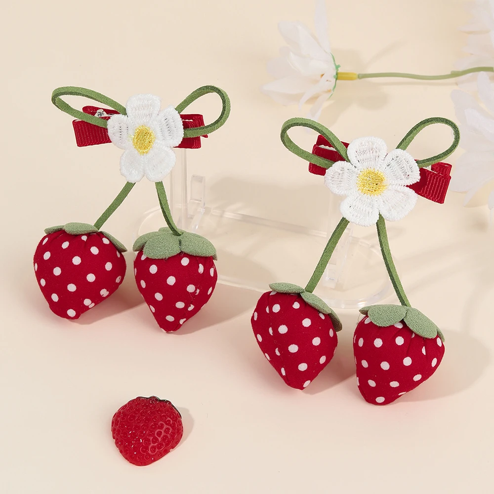 Korean Strawberry Bow Hair Clips Sweet Flower Lace Ribbon Bownot Hairpins For Girls Children Trendy Cute Headwear Accessories