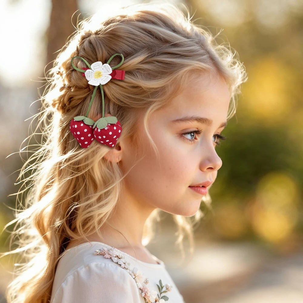 Korean Strawberry Bow Hair Clips Sweet Flower Lace Ribbon Bownot Hairpins For Girls Children Trendy Cute Headwear Accessories