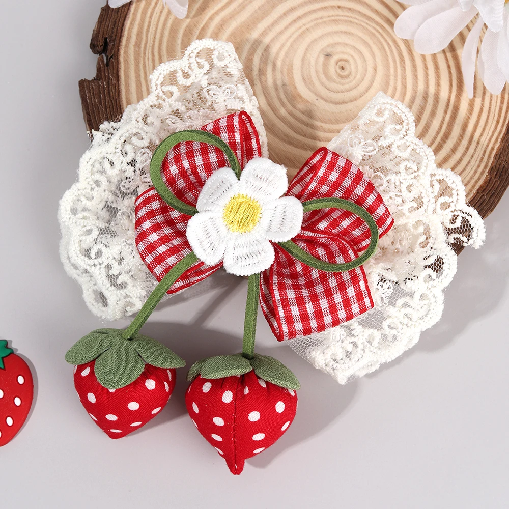 Korean Strawberry Bow Hair Clips Sweet Flower Lace Ribbon Bownot Hairpins For Girls Children Trendy Cute Headwear Accessories