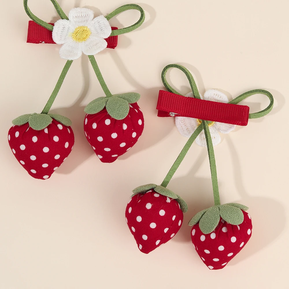 Korean Strawberry Bow Hair Clips Sweet Flower Lace Ribbon Bownot Hairpins For Girls Children Trendy Cute Headwear Accessories