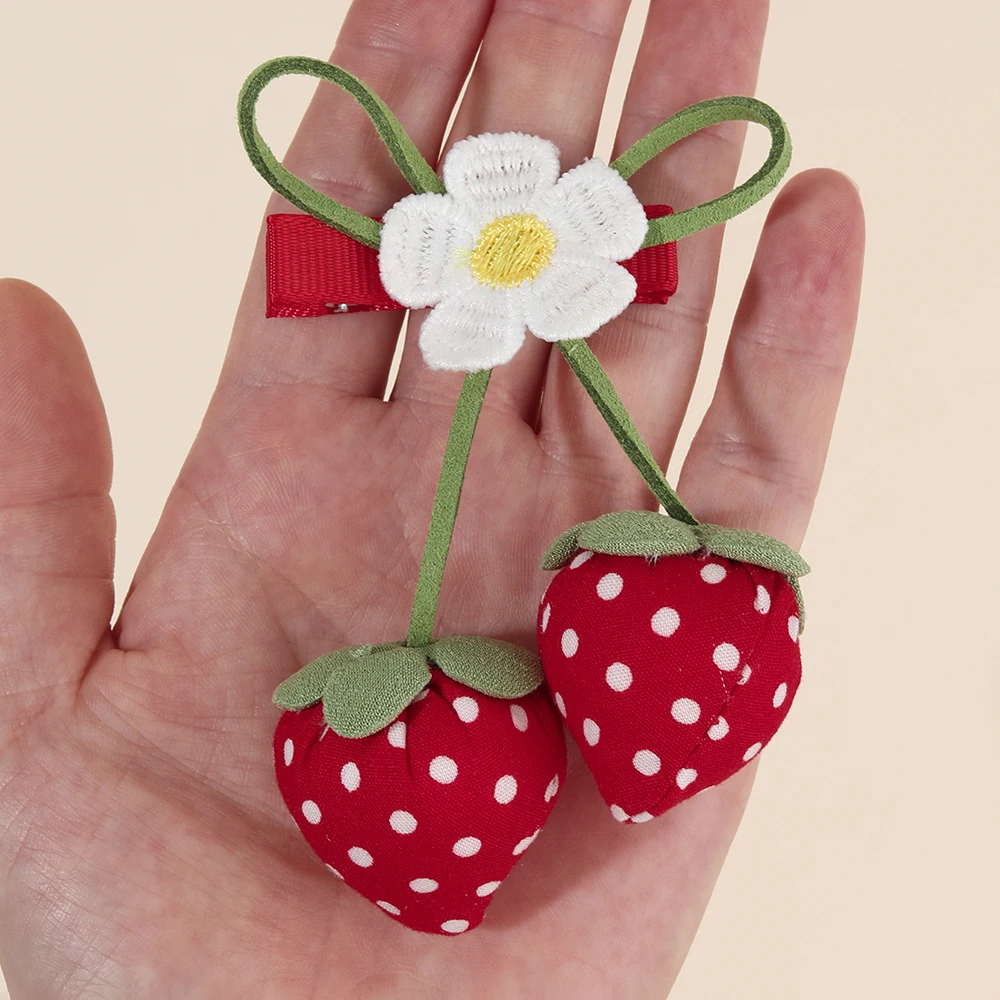 Korean Strawberry Bow Hair Clips Sweet Flower Lace Ribbon Bownot Hairpins For Girls Children Trendy Cute Headwear Accessories