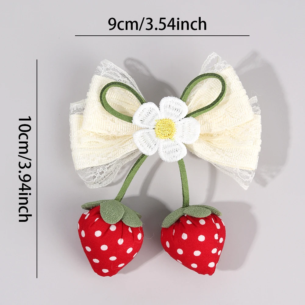 Korean Strawberry Bow Hair Clips Sweet Flower Lace Ribbon Bownot Hairpins For Girls Children Trendy Cute Headwear Accessories