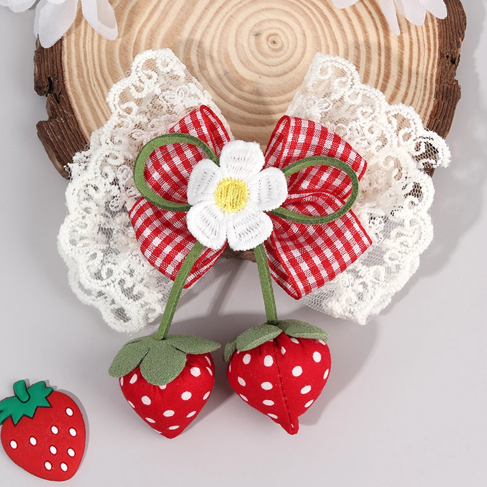 Korean Strawberry Bow Hair Clips Sweet Flower Lace Ribbon Bownot Hairpins For Girls Children Trendy Cute Headwear Accessories