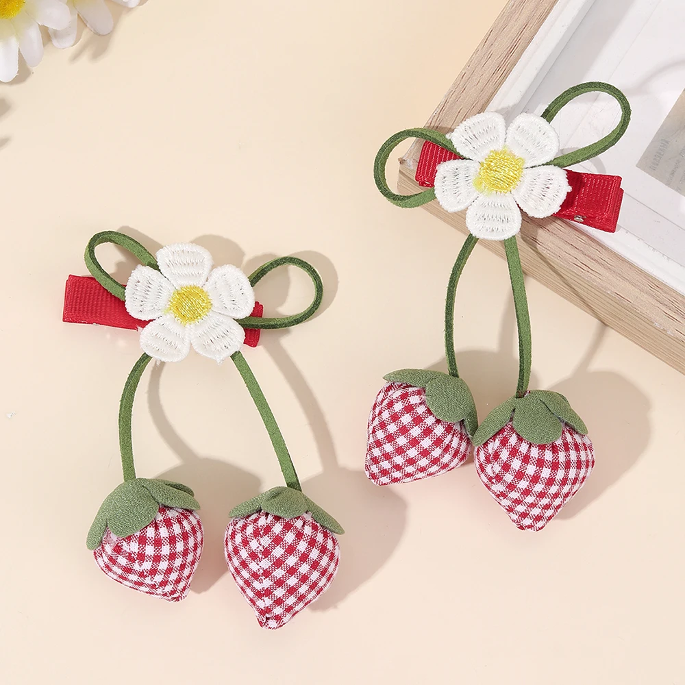 Korean Strawberry Bow Hair Clips Sweet Flower Lace Ribbon Bownot Hairpins For Girls Children Trendy Cute Headwear Accessories