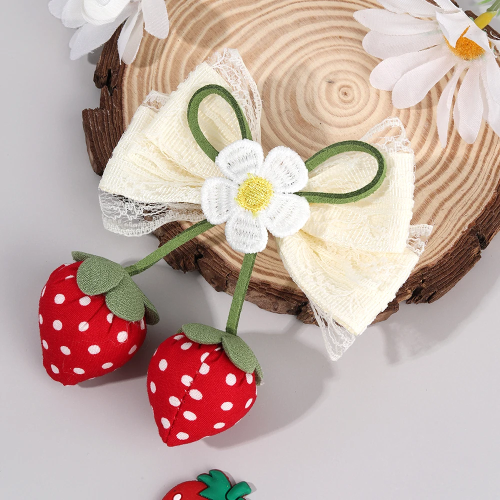 Korean Strawberry Bow Hair Clips Sweet Flower Lace Ribbon Bownot Hairpins For Girls Children Trendy Cute Headwear Accessories
