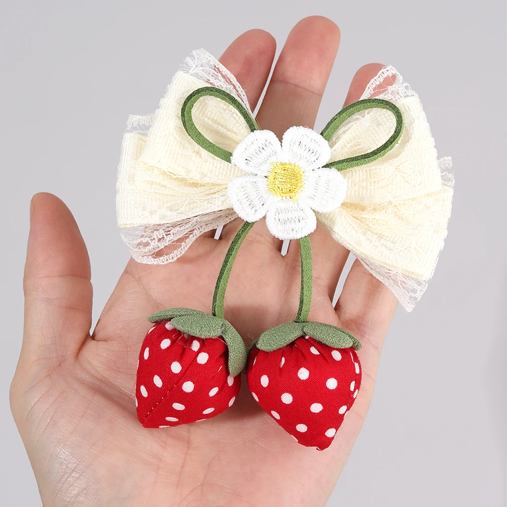 Korean Strawberry Bow Hair Clips Sweet Flower Lace Ribbon Bownot Hairpins For Girls Children Trendy Cute Headwear Accessories