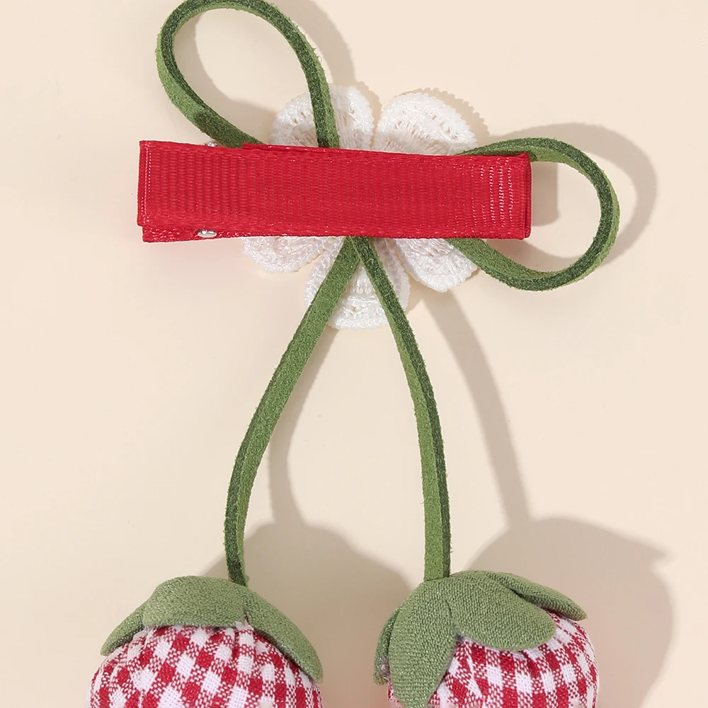 Korean Strawberry Bow Hair Clips Sweet Flower Lace Ribbon Bownot Hairpins For Girls Children Trendy Cute Headwear Accessories