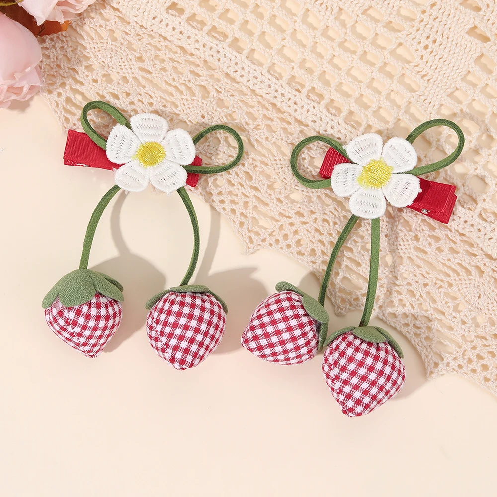 Korean Strawberry Bow Hair Clips Sweet Flower Lace Ribbon Bownot Hairpins For Girls Children Trendy Cute Headwear Accessories