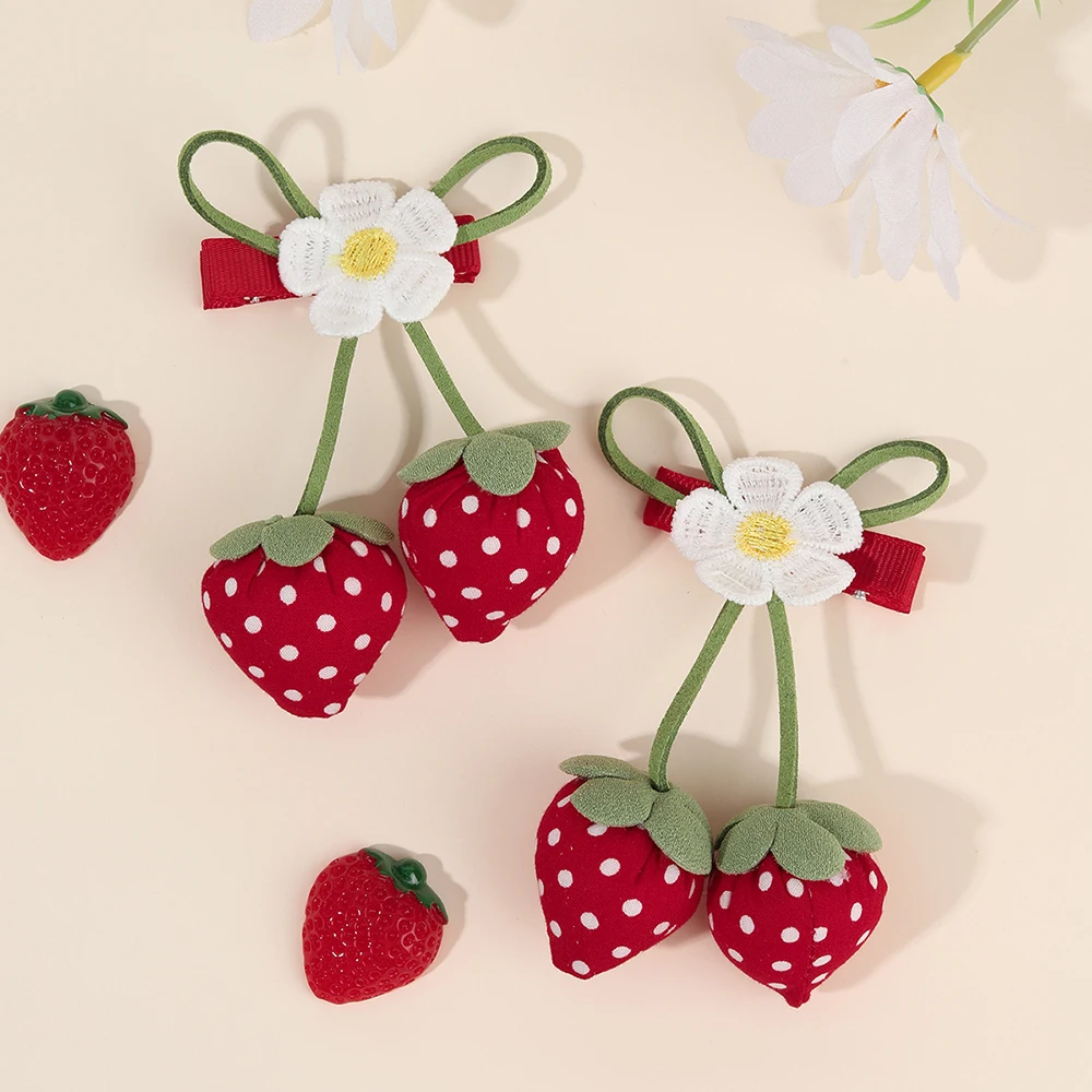 Korean Strawberry Bow Hair Clips Sweet Flower Lace Ribbon Bownot Hairpins For Girls Children Trendy Cute Headwear Accessories