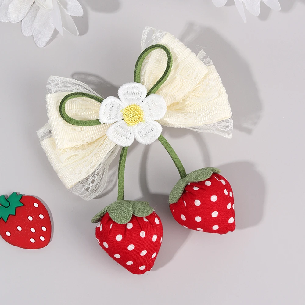 Korean Strawberry Bow Hair Clips Sweet Flower Lace Ribbon Bownot Hairpins For Girls Children Trendy Cute Headwear Accessories