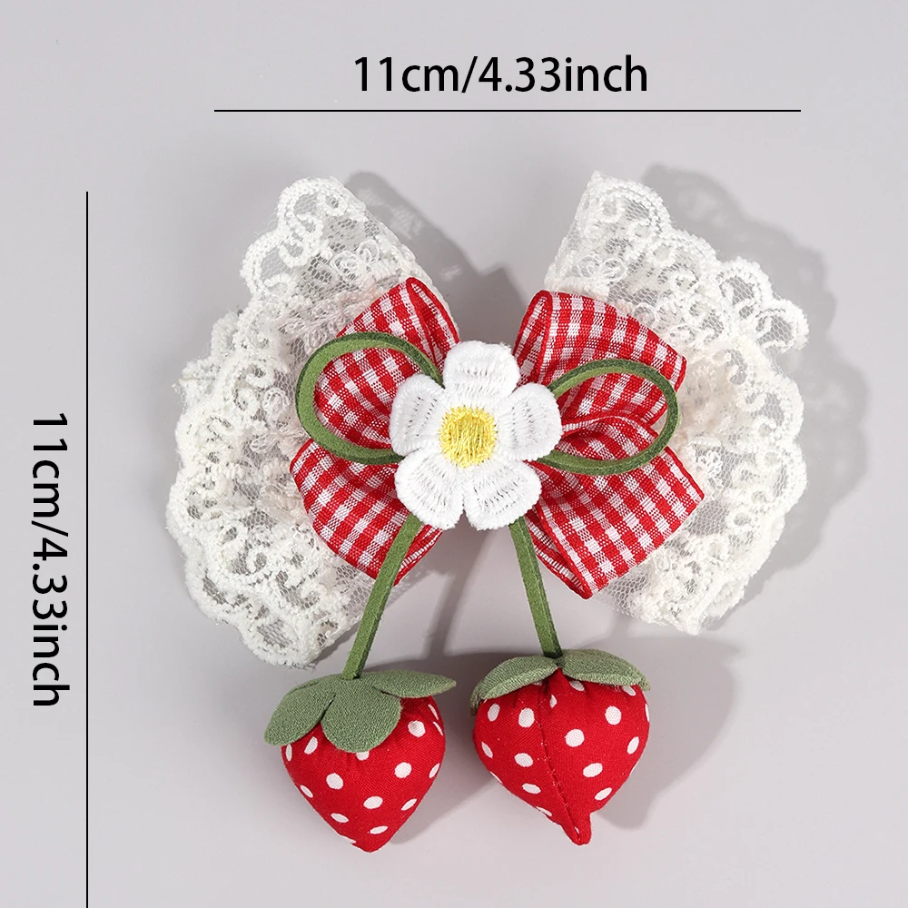 Korean Strawberry Bow Hair Clips Sweet Flower Lace Ribbon Bownot Hairpins For Girls Children Trendy Cute Headwear Accessories