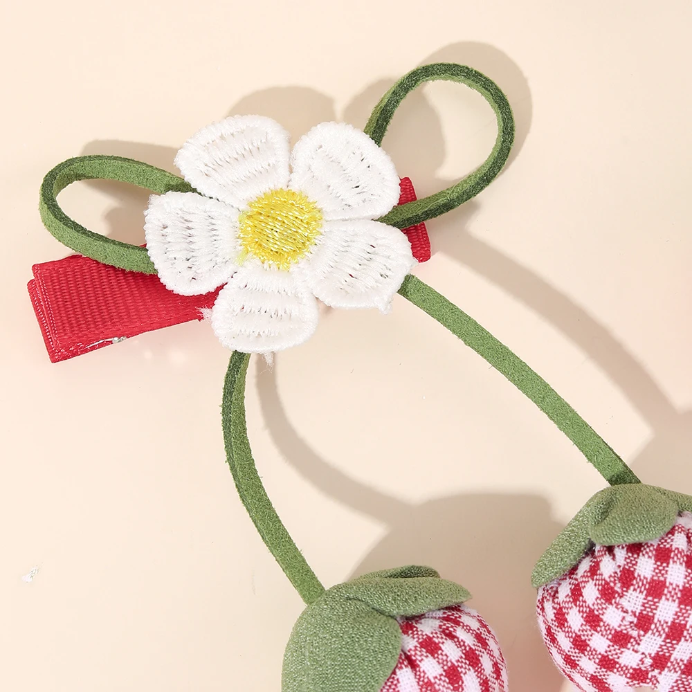 Korean Strawberry Bow Hair Clips Sweet Flower Lace Ribbon Bownot Hairpins For Girls Children Trendy Cute Headwear Accessories