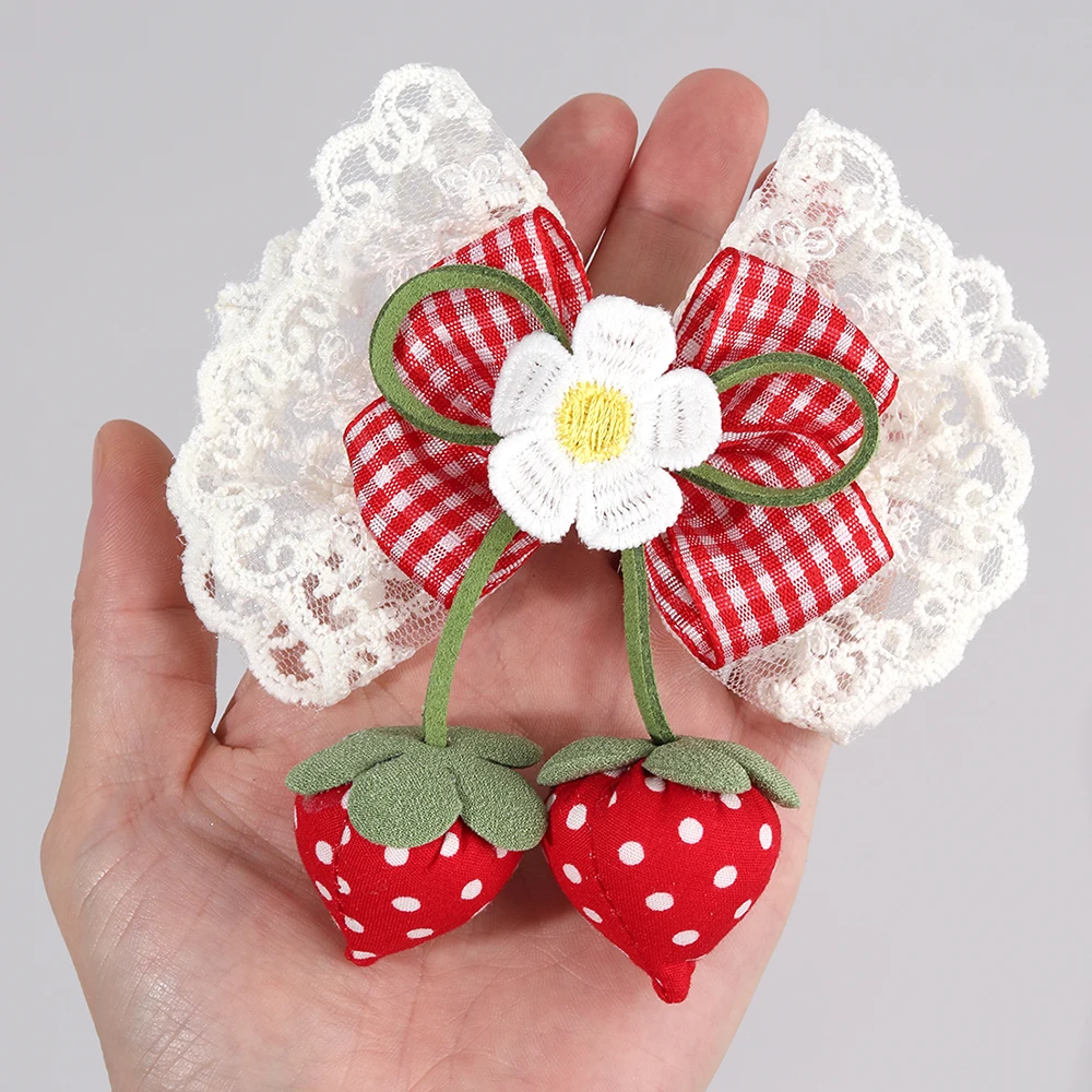 Korean Strawberry Bow Hair Clips Sweet Flower Lace Ribbon Bownot Hairpins For Girls Children Trendy Cute Headwear Accessories