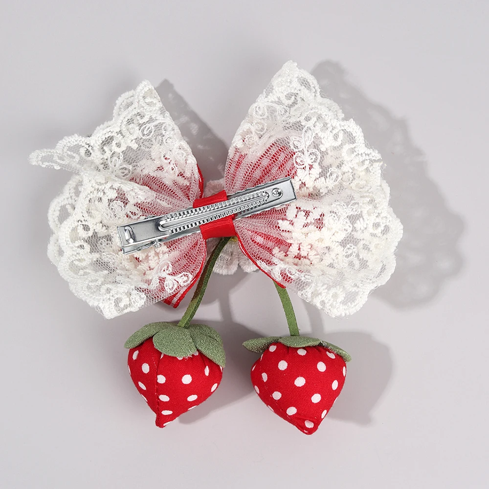 Korean Strawberry Bow Hair Clips Sweet Flower Lace Ribbon Bownot Hairpins For Girls Children Trendy Cute Headwear Accessories