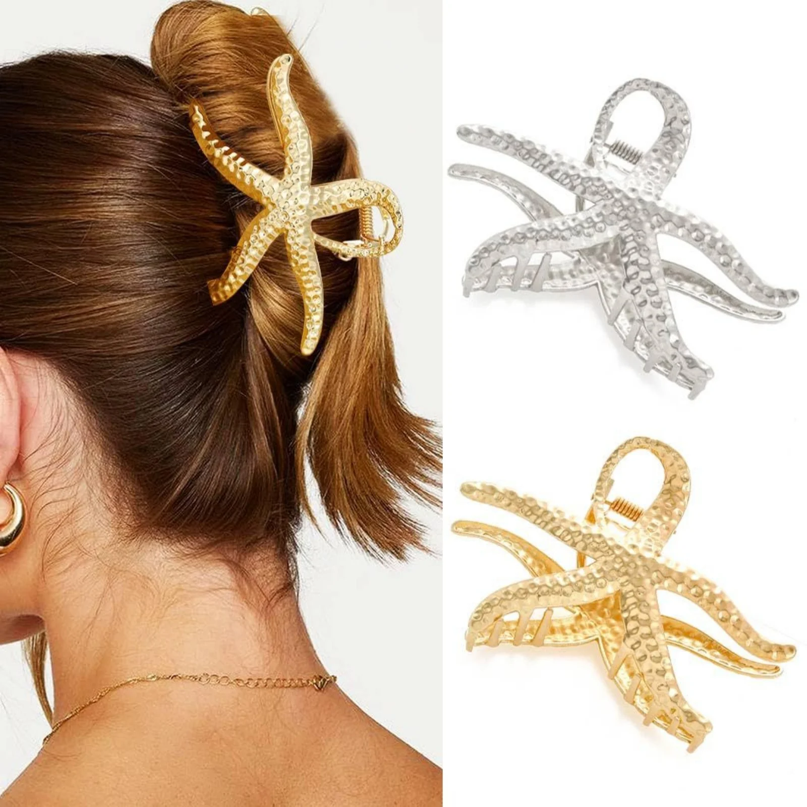 1PC Starfish - Shaped Hair Claw Clips, Gold & Silver Textured Metal Hair Grips, Chic Beachy Hair Accessories for Women