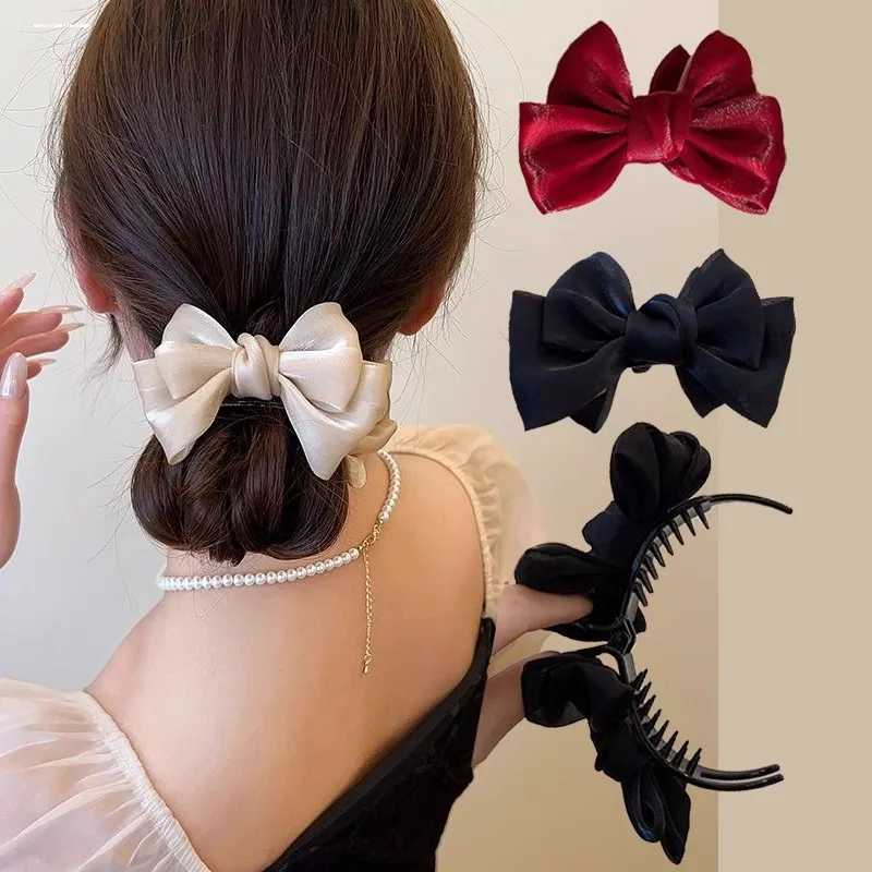 1/2/3pcs Solid Color Shiny Mesh Bow Hair Clip for Woman Fashion Girl Meatball Head Hair Clip Claw Hair Accessories