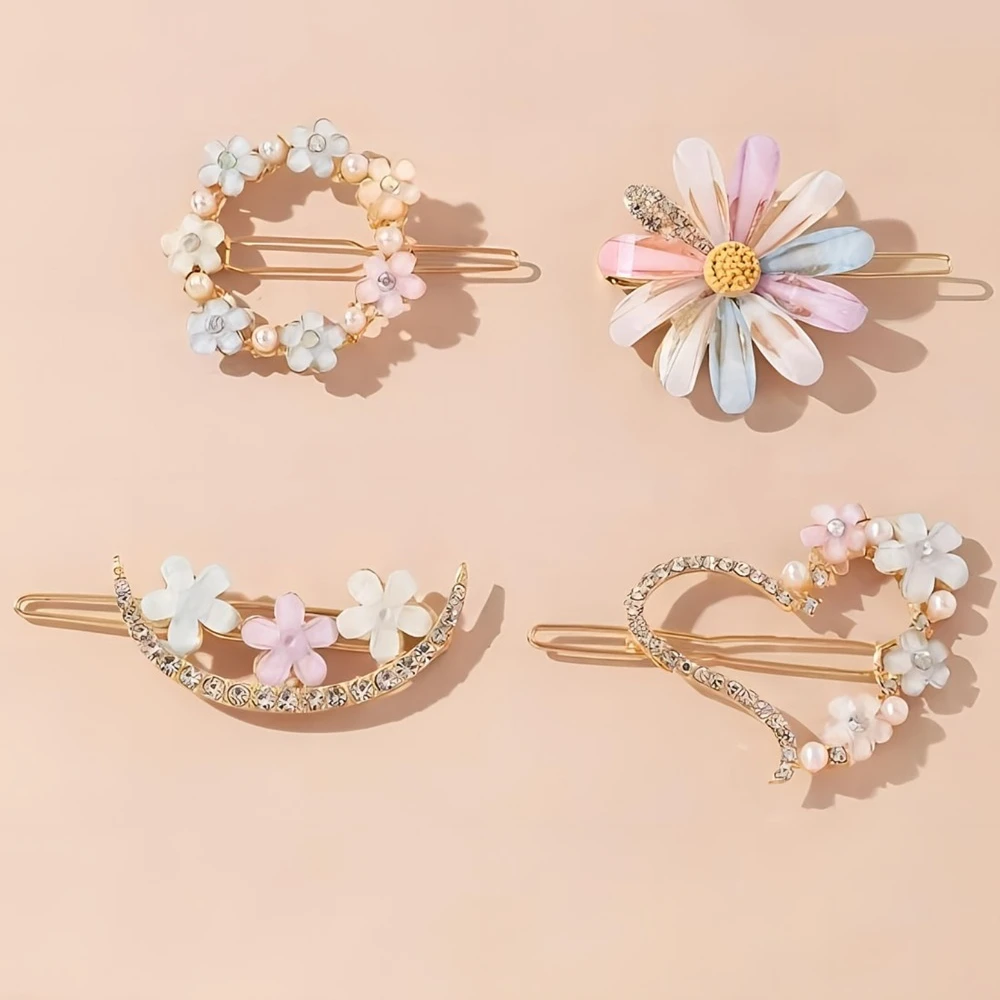 4pcs/set Fashion Exqusite Crystal Flower Heart Hair Clips Hairpins For Women Girls Party Ponytail Side Headwear Hair Accessories
