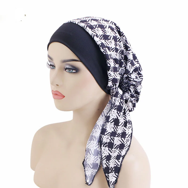 Wide Edge Elastic Headscarf With Ethnic Print for Women's Tie Headband Sleeping Cap