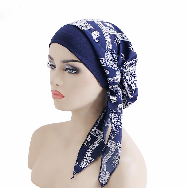 Wide Edge Elastic Headscarf With Ethnic Print for Women's Tie Headband Sleeping Cap