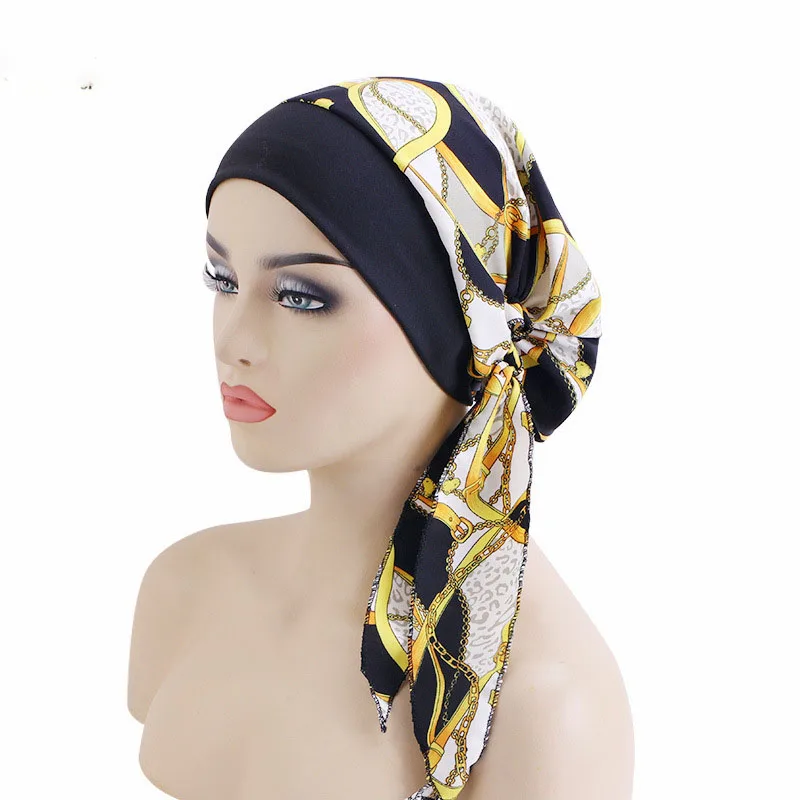 Wide Edge Elastic Headscarf With Ethnic Print for Women's Tie Headband Sleeping Cap