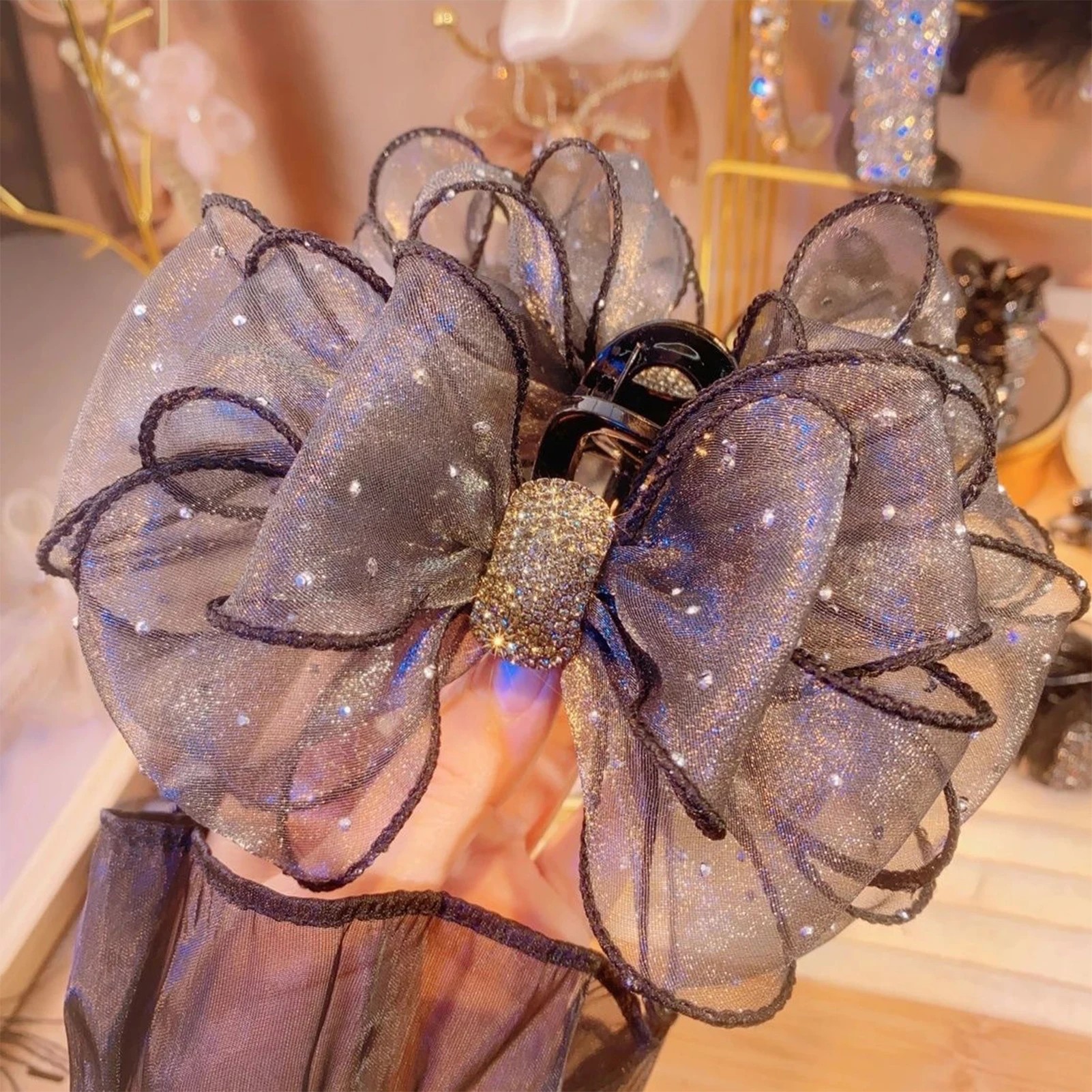 Trendy Gauze Hair Claw Korean Style Diamond Bow Shark Gripper For Women Elegant Gentle Hair Clip Girls Trendy Hair Accessories