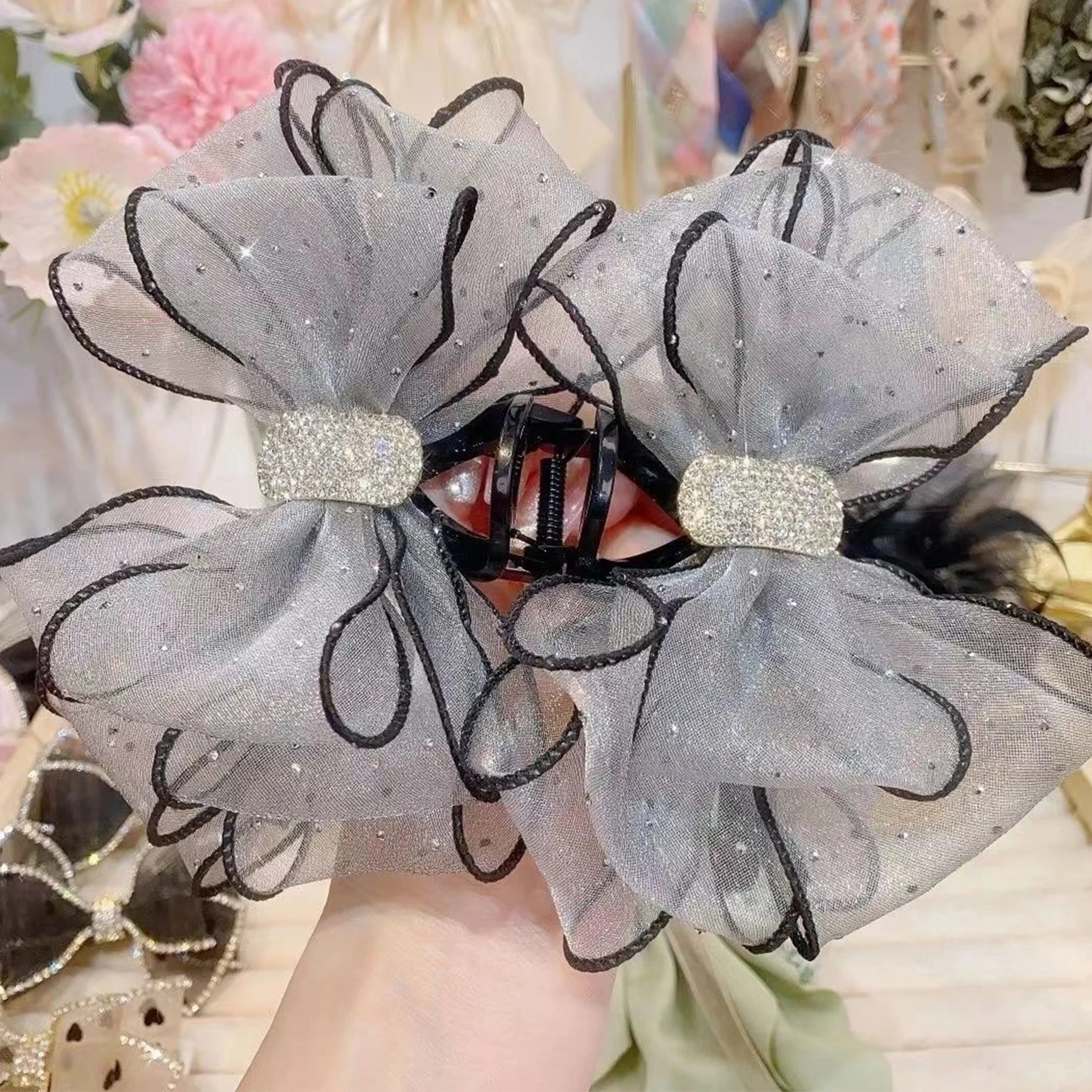 Trendy Gauze Hair Claw Korean Style Diamond Bow Shark Gripper For Women Elegant Gentle Hair Clip Girls Trendy Hair Accessories