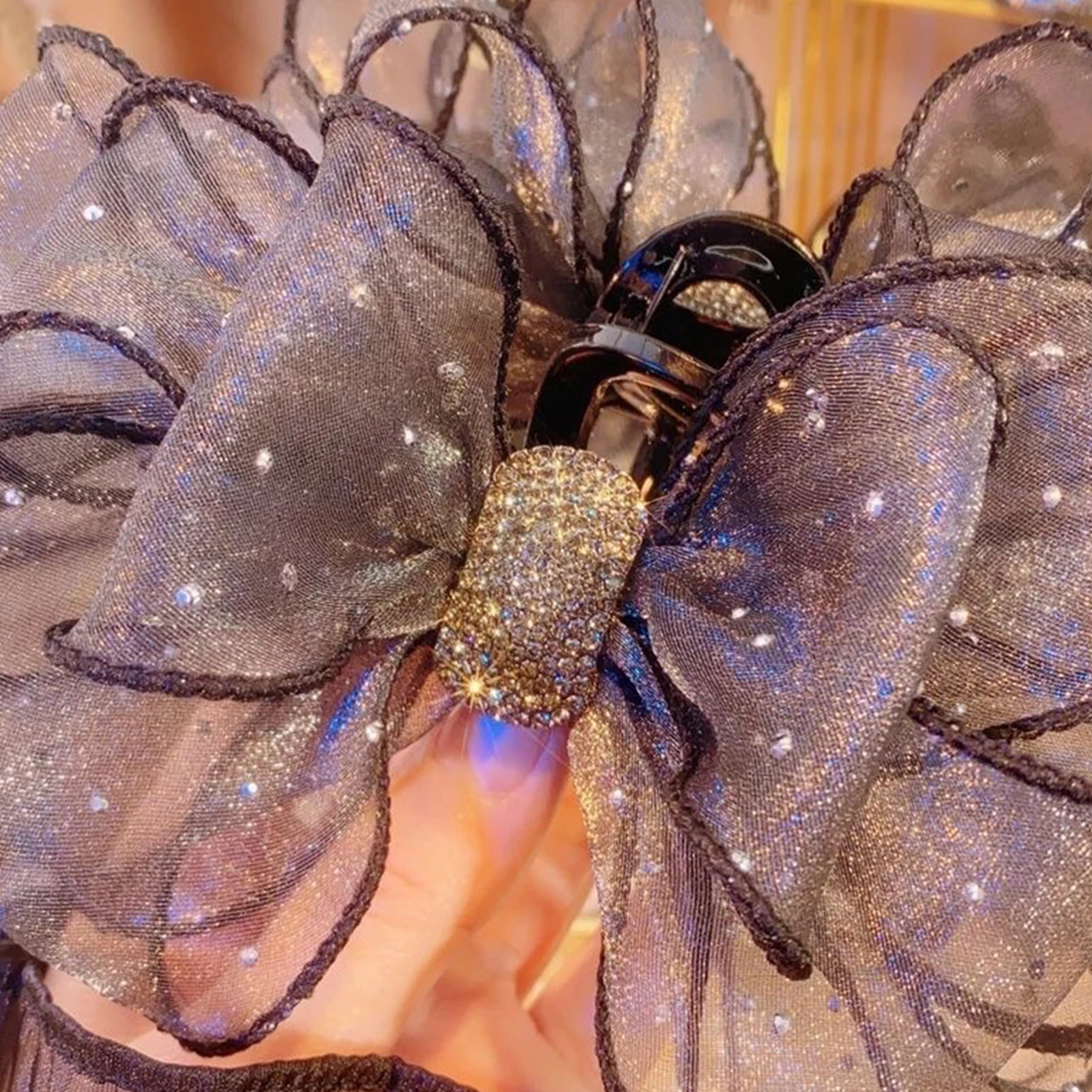 Trendy Gauze Hair Claw Korean Style Diamond Bow Shark Gripper For Women Elegant Gentle Hair Clip Girls Trendy Hair Accessories