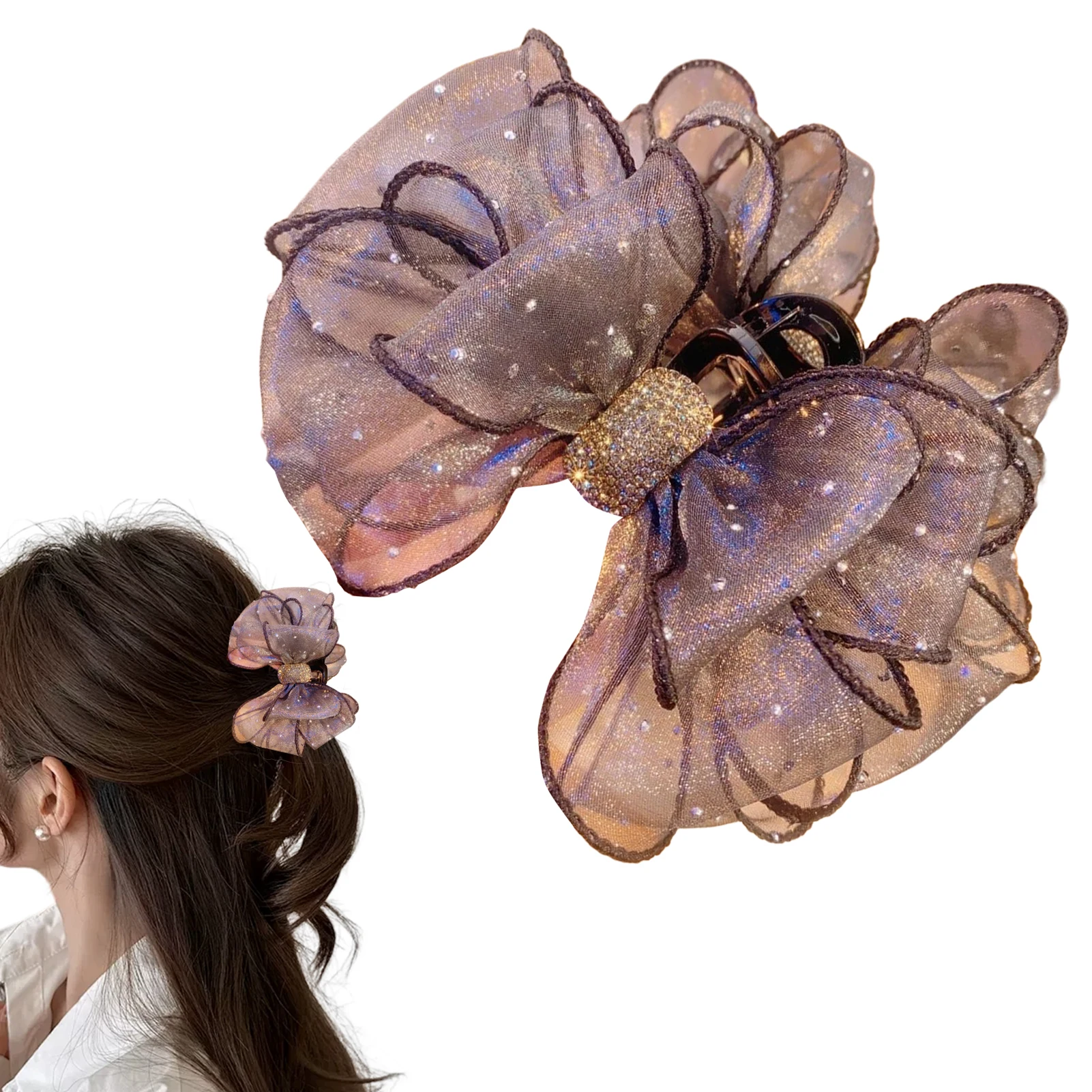 Trendy Gauze Hair Claw Korean Style Diamond Bow Shark Gripper For Women Elegant Gentle Hair Clip Girls Trendy Hair Accessories