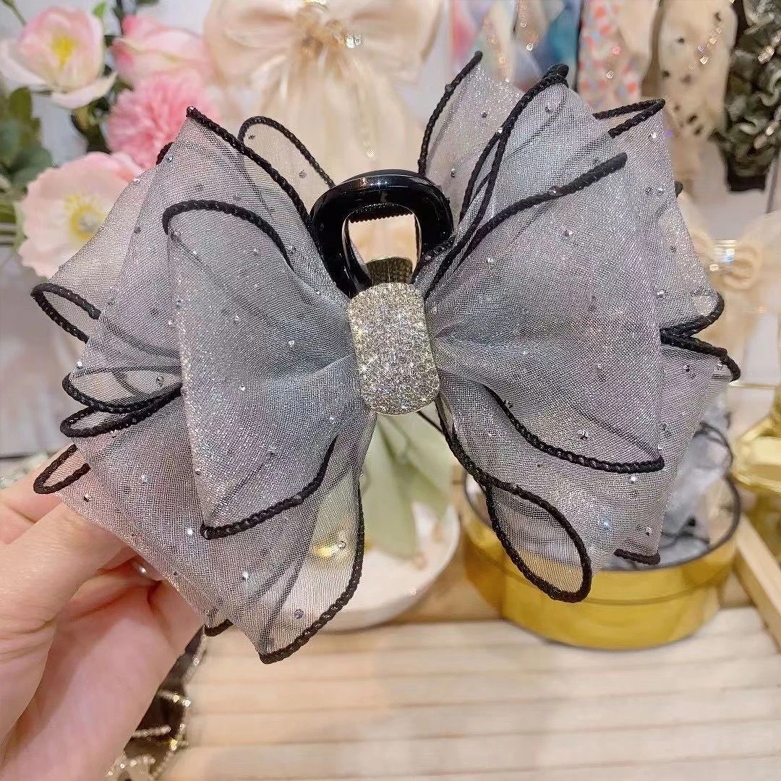 Trendy Gauze Hair Claw Korean Style Diamond Bow Shark Gripper For Women Elegant Gentle Hair Clip Girls Trendy Hair Accessories