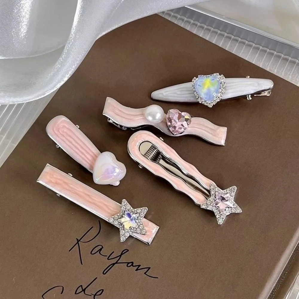 5Pcs/Set Trendy Sweet Galaxy Pink Hair Clips Cool Shiny Heart Shape Hairpins Star Pentagram Rhinestone Barrettes Women Girls